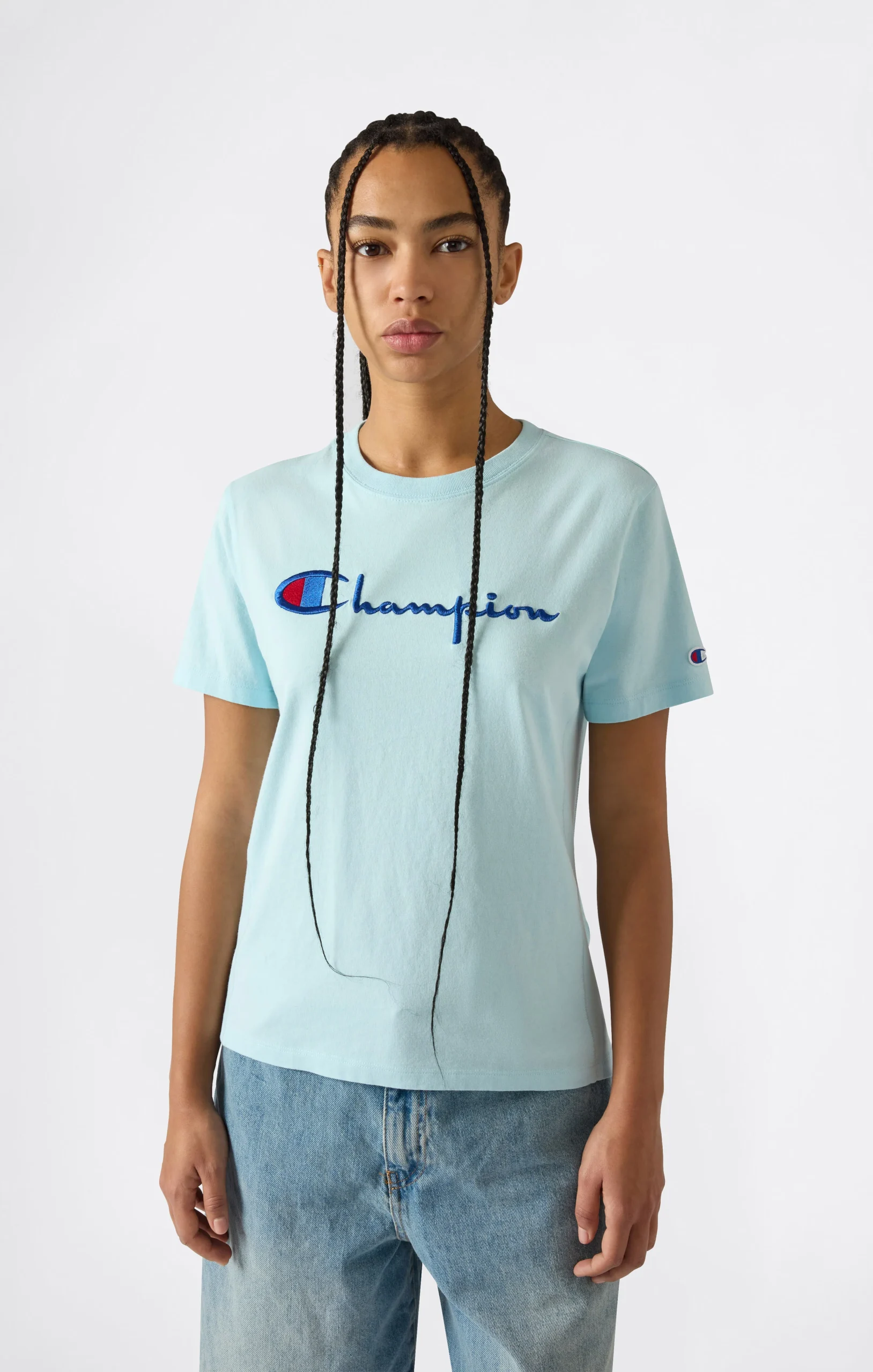 Women’s Reverse Weave Crewneck T-Shirt with Embroidered Logo