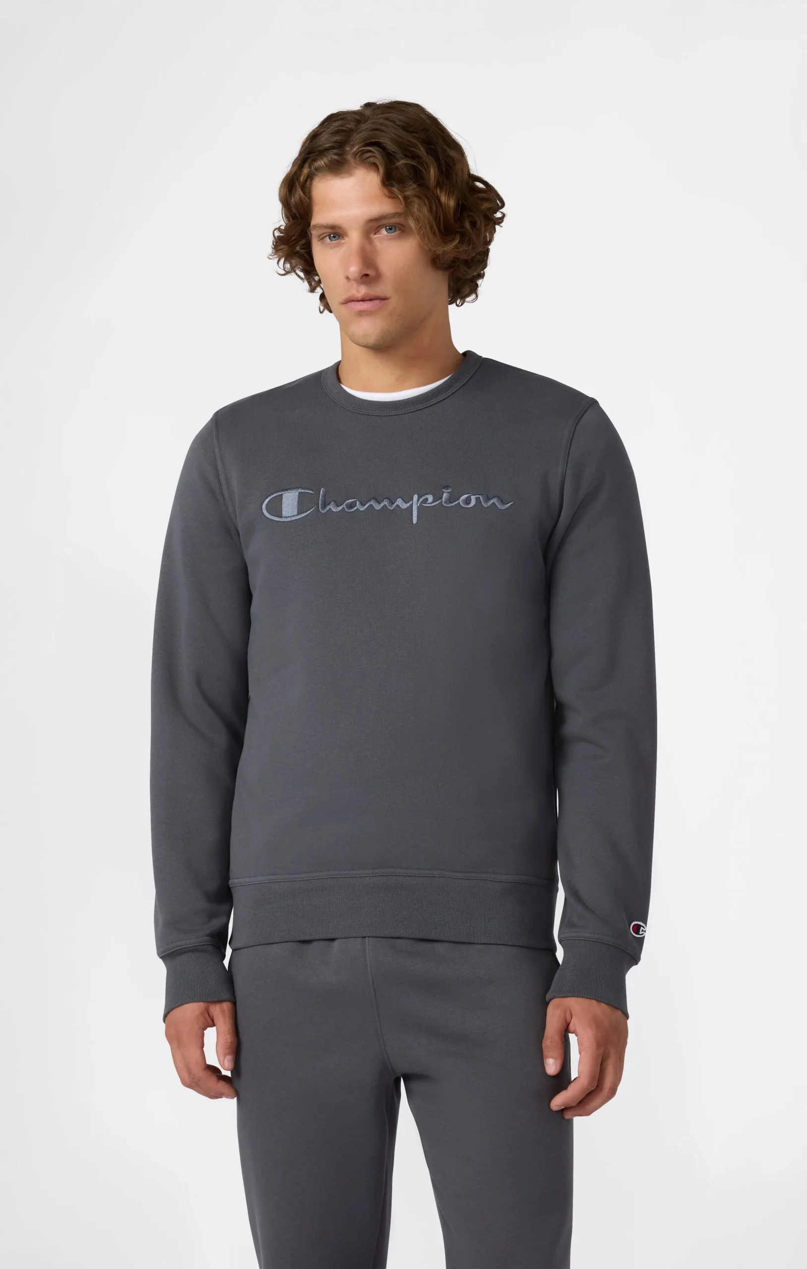Men’s Fleece Crewneck Sweatshirt with Big Embroidered Logo Icons