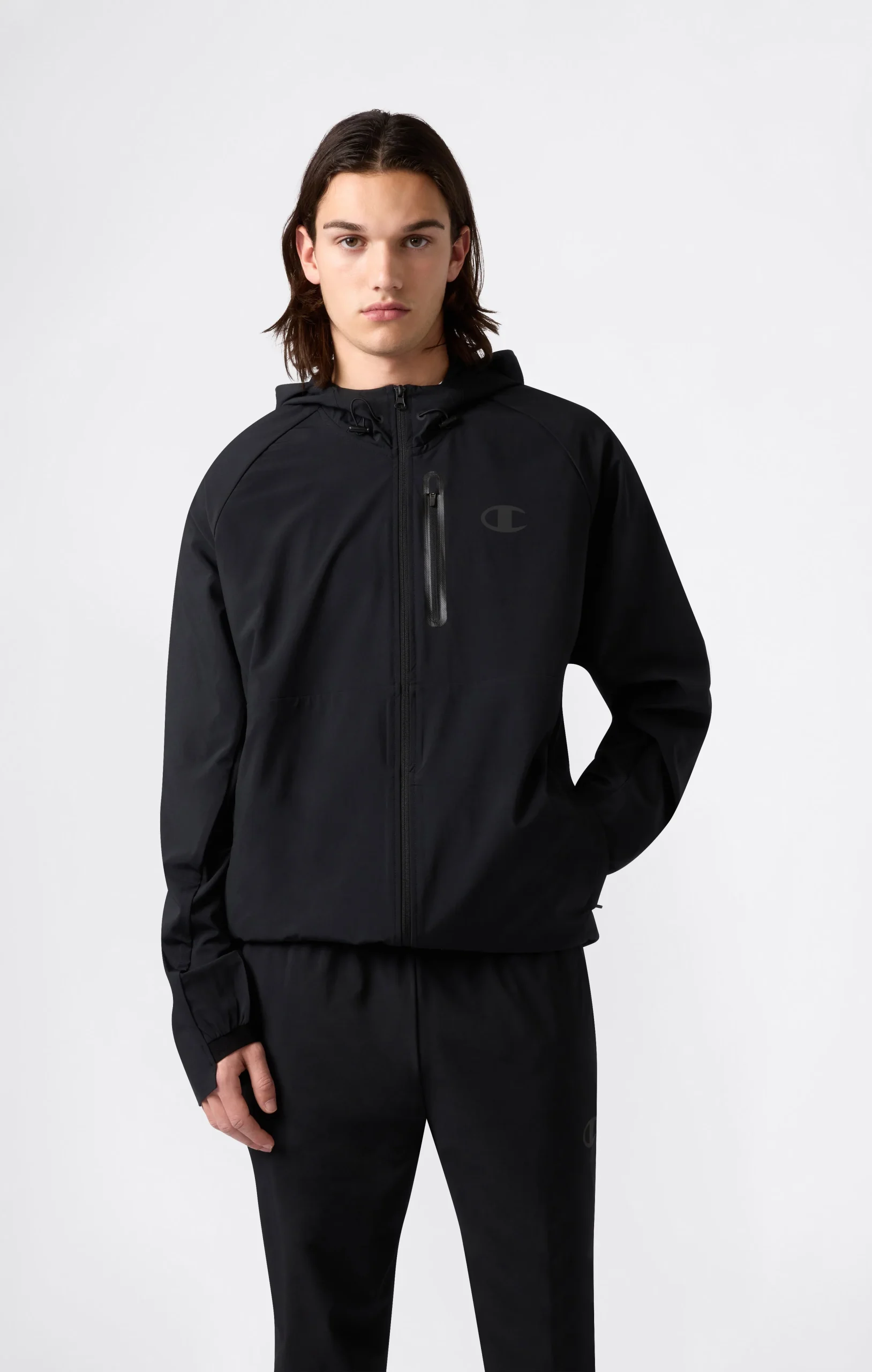 Men’s Stretch Woven Nylon Hooded Track Top Slim Fit