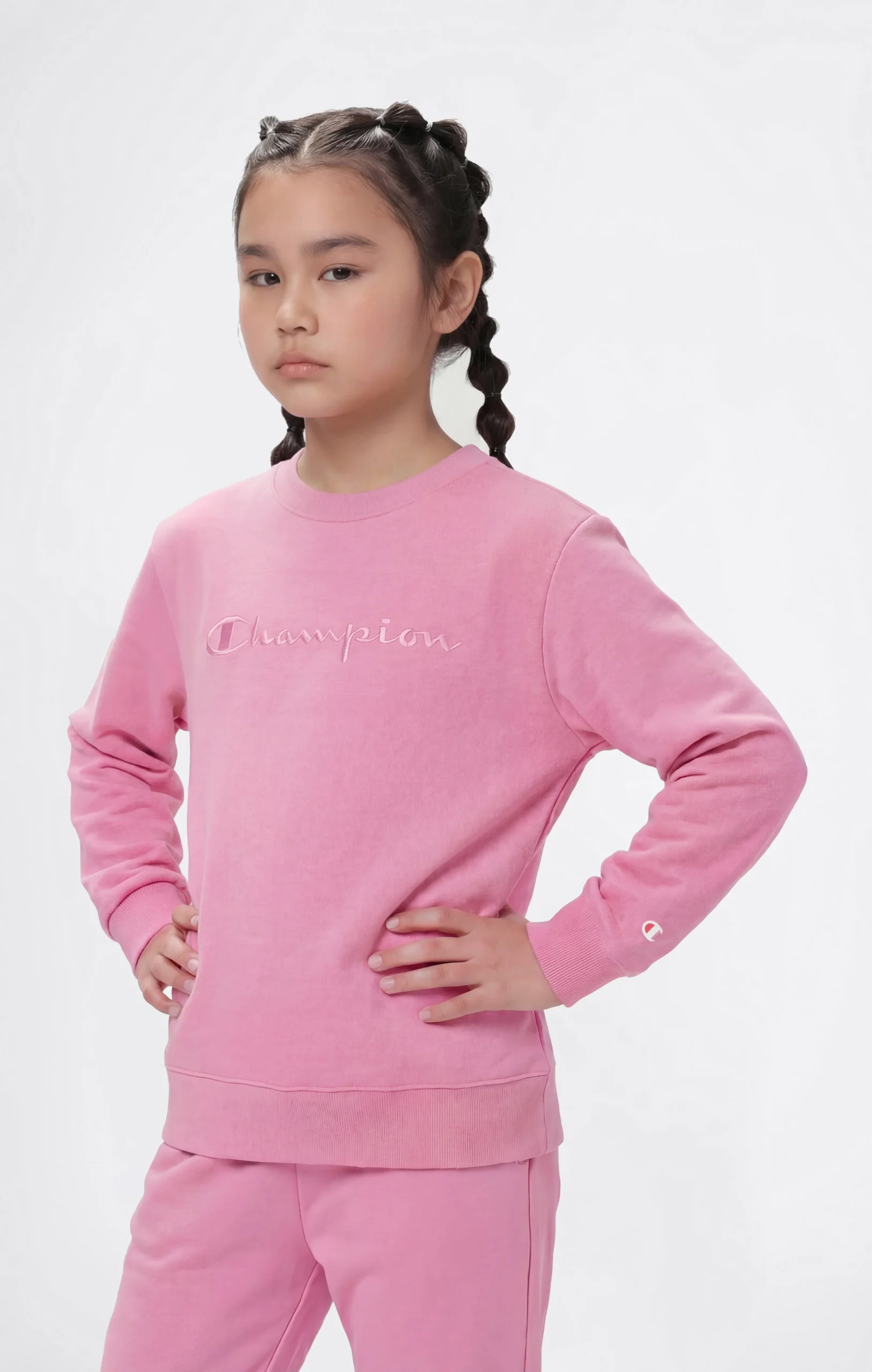 Girls’ Lightweight Crewneck Sweatshirt with Tonal Embroidered Maxi Logo Icons
