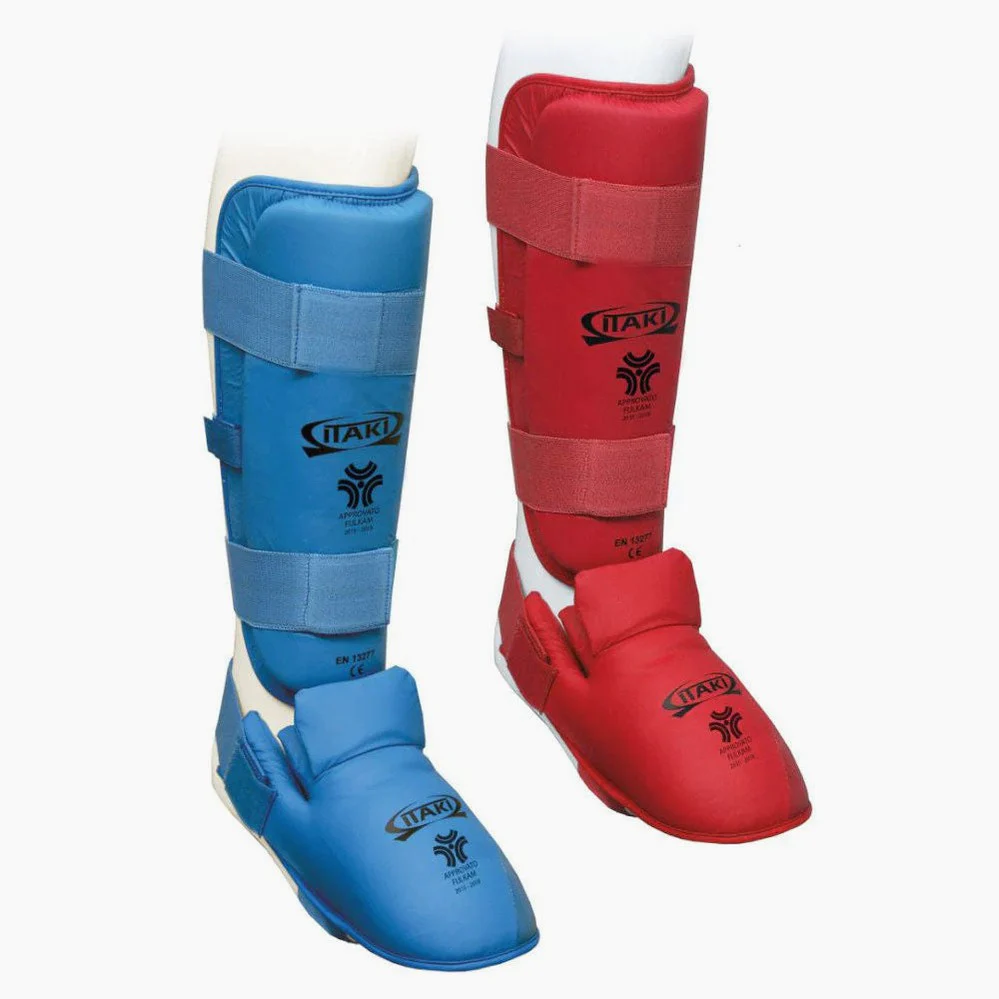 Espinilleras Karate Kumite Itaki con protectores de pies FIJLKAM art.413FIJ